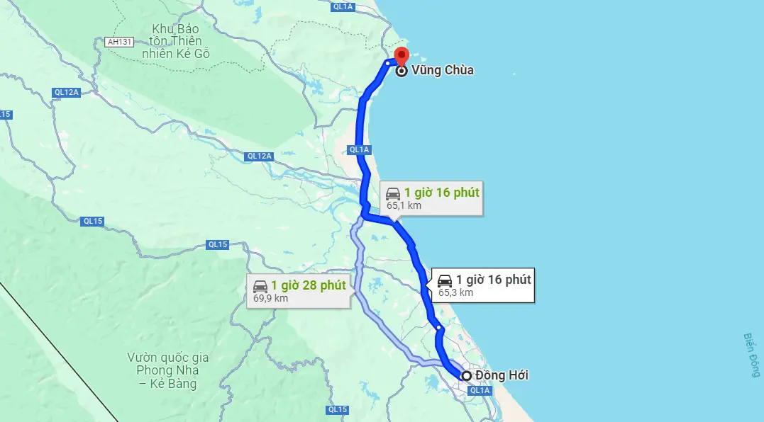 Khoảng cách và cung đường di chuyển từ Đồng Hới đi Vũng Chùa